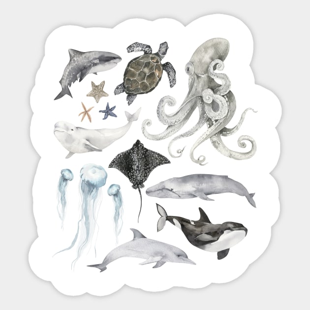 Marine Life Watercolor Ocean Animals Sticker by Melon Street